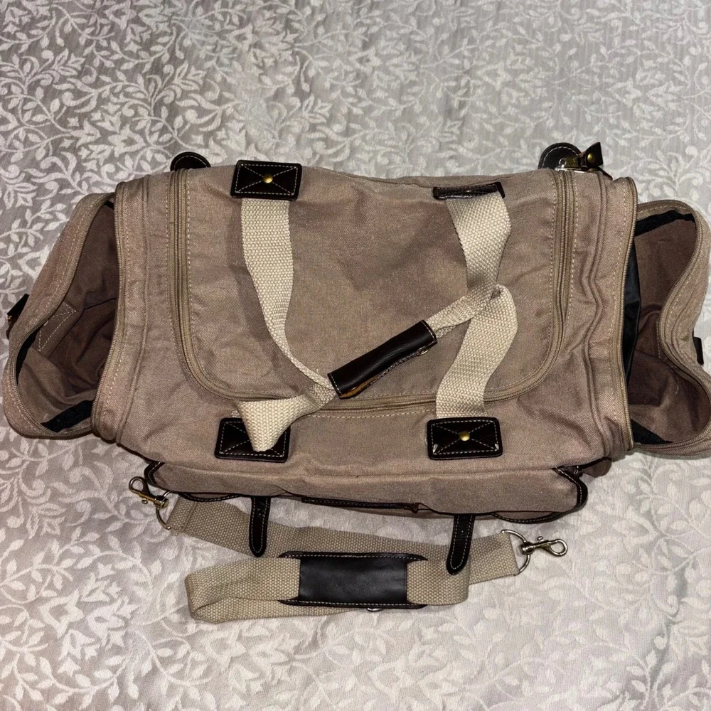 Eddie Bauer Ford Canvas Leather Trim Duffel Bag Weekender Travel Brown Luggage